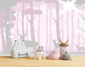 Deer Wallpaper Peel and Stick Pink Girl Playroom, Woodland Animals Wall paper Nursery Removable, Landscape Wallpaper Mural, Pink Wall Art