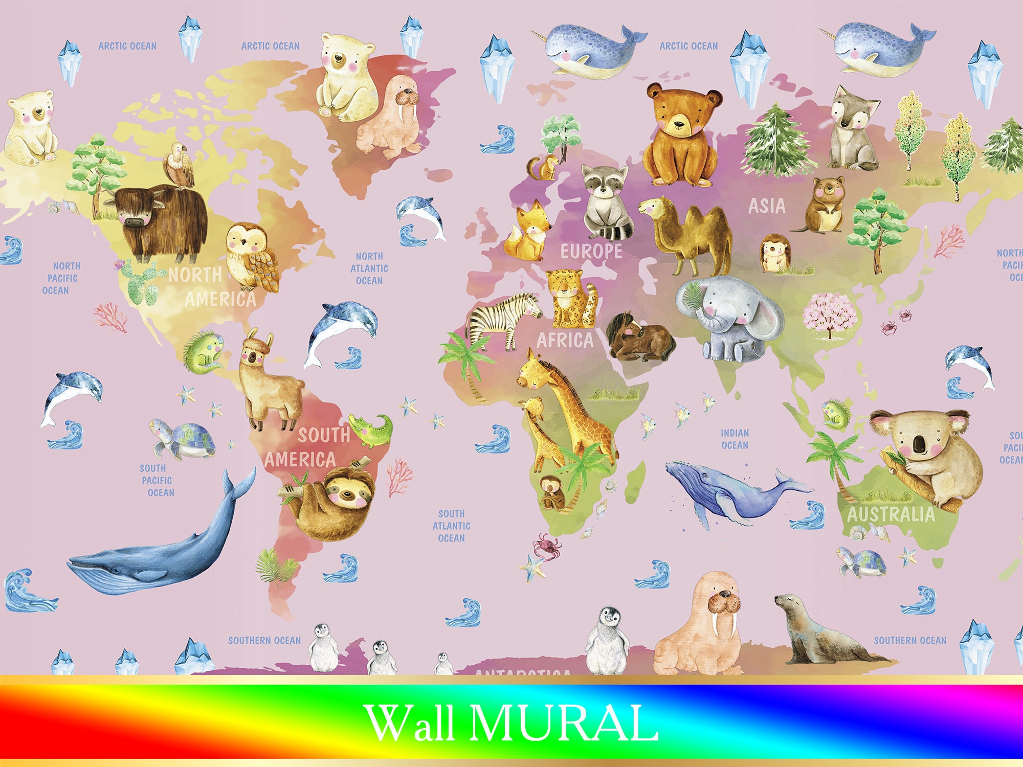 Watercolor World Map Wallpaper Girl Room Pink Nursery World Etsy