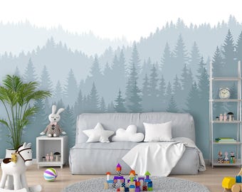 Pine Tree Forest Wallpaper Pastel Forest for Toddler Nursery Peel & Stick Wall Mural Mountains Ombre Wallpaper Bedrrom Woodland