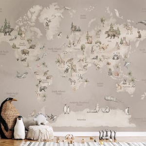 Animal World Map Wallpaper Nursery Mural, Kids Room Wall Decor Boho Watercolor Peel and Stick, Neutral Educational Map Large Wall Art