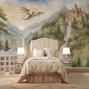 Castle Wall Mural, Fairy Tale Kingdom Wallpaper, Watercolor Waterfall Landscape, Magic Mountain Nursery Art, Removable Peel and Stick Mural