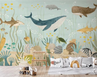 Underwater Ocean Animals Wallpaper, Whale Shark Wall Mural Nursery, Peel and Stick Sea Life Decor for Kids Room
