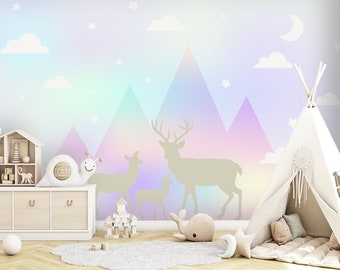 Rainbow Wallpaper Baby Girl Nursery, Woodland Animals Forest Wallpaper Peel and Stick, Deer Mural Mountain Wallpaper Playroom Non-Woven