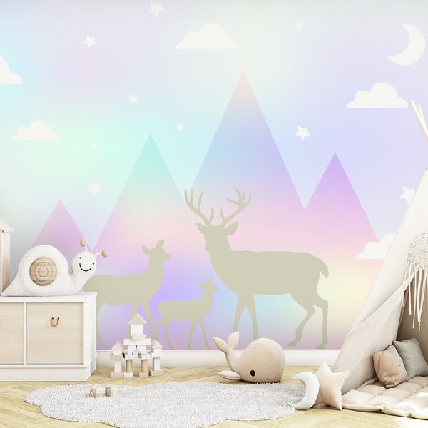 Rainbow Wallpaper Baby Girl Nursery, Woodland Animals Forest Wallpaper Peel and Stick, Deer Mural Mountain Wallpaper Playroom Non-Woven