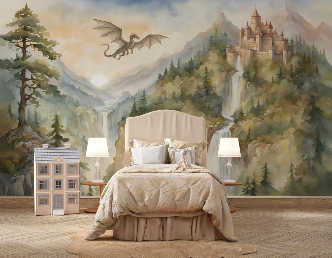 Castle Wall Mural, Fairy Tale Kingdom Wallpaper, Watercolor Waterfall ...