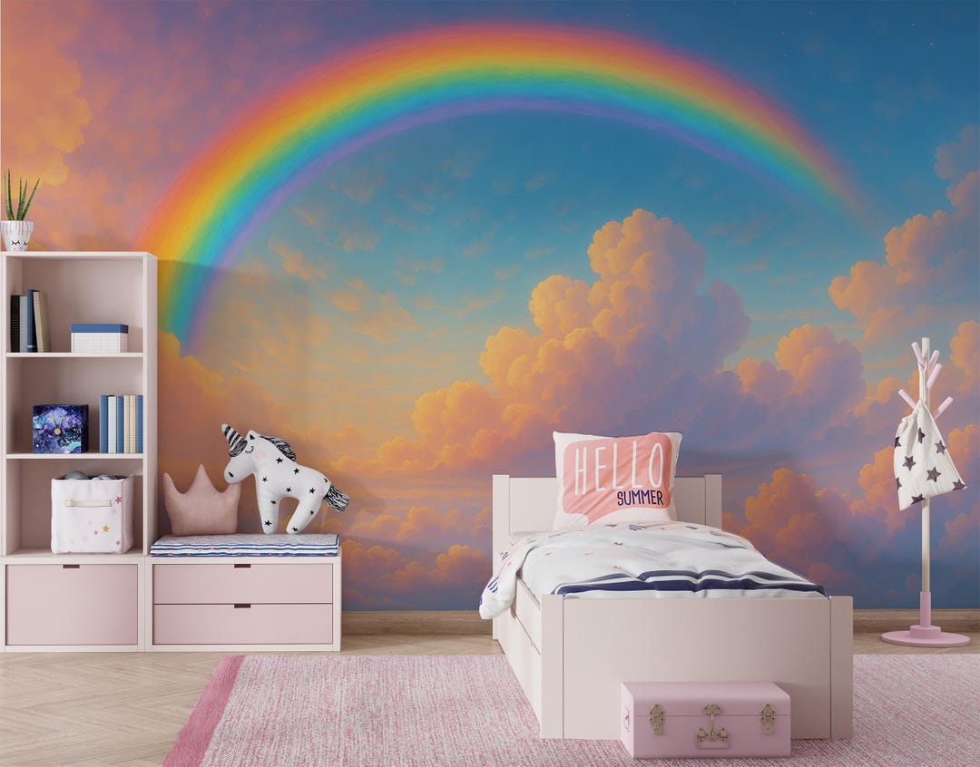 Rainbow Wallpaper, Watercolor Sky Mural, Kids Room Cloud Wall Decal ...