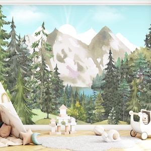 Scenic Mountain Lake Mural, Watercolor Pine Forest Wallpaper, Peel and Stick, Adventure Theme Nursery & Kids Room Wall Art