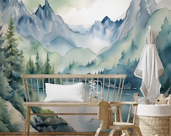 Watercolor Mountain Nursery Wall Mural | Woodland Forest Lake Wallpaper | Peel and Stick Nature Wall Decor | Adventure Kids Room Art