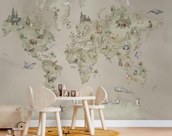 Neutral Watercolor World Map Wallpaper | Beige Woodland Animal Nursery Mural | Peel and Stick Kids Room Safari Decor