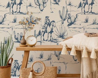 Rustic Horse & Cactus Non Woven Wallpaper, Western Cowboy Wallpaper, Removable Peel and Stick, Farmhouse Rustic Wallpaper