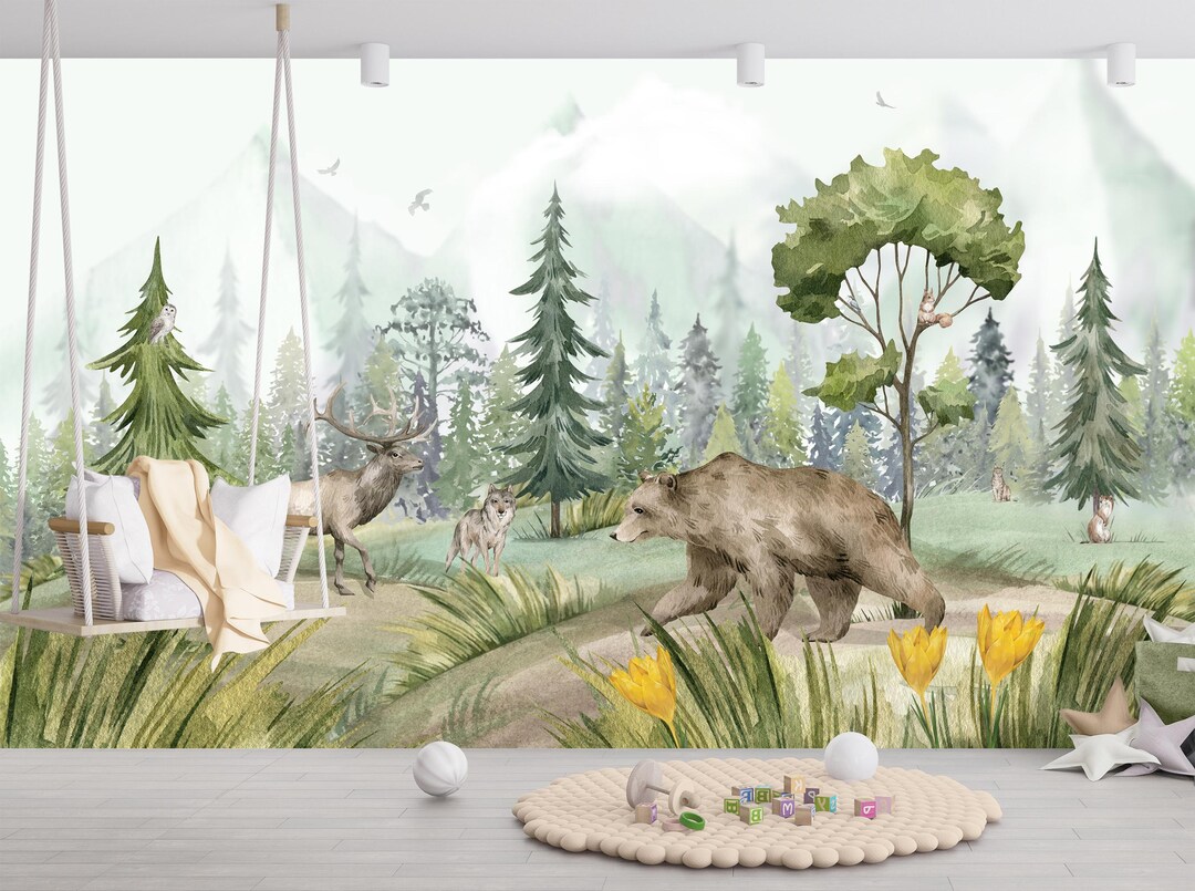 Forest Animals Wall Mural, Bear and Deer Woodland Wallpaper, Watercolor ...