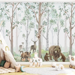 Whimsical Woodland Animals Wallpaper, Bear Family Forest Mural, Nursery Kids Room Decor, Peel and Stick Removable Wallpaper