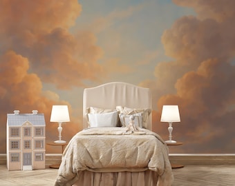 Sunset Cloud Wall Mural, Warm Tones Nursery Wallpaper, Orange Sky Wall Decor, Ethereal Sunset Mural, Nursery Accent Wall Mural