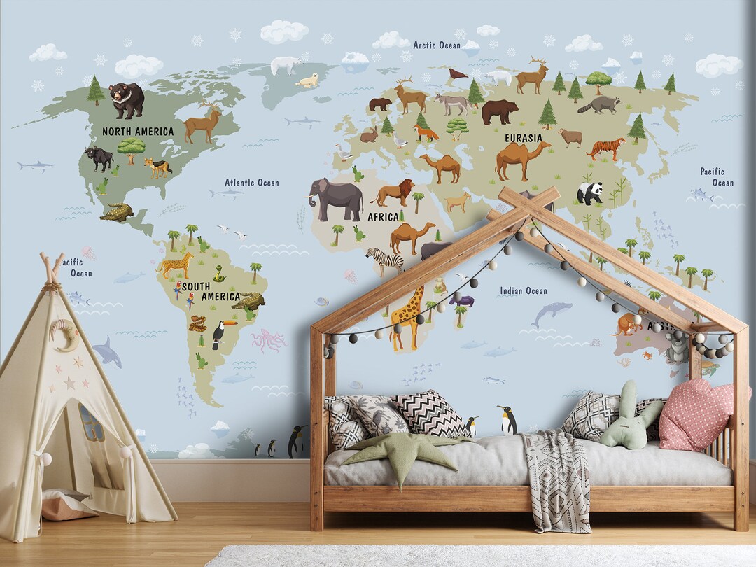 Baby Animal World Map Wallpaper Peel and Stick Kids Room, Pastel Wall ...