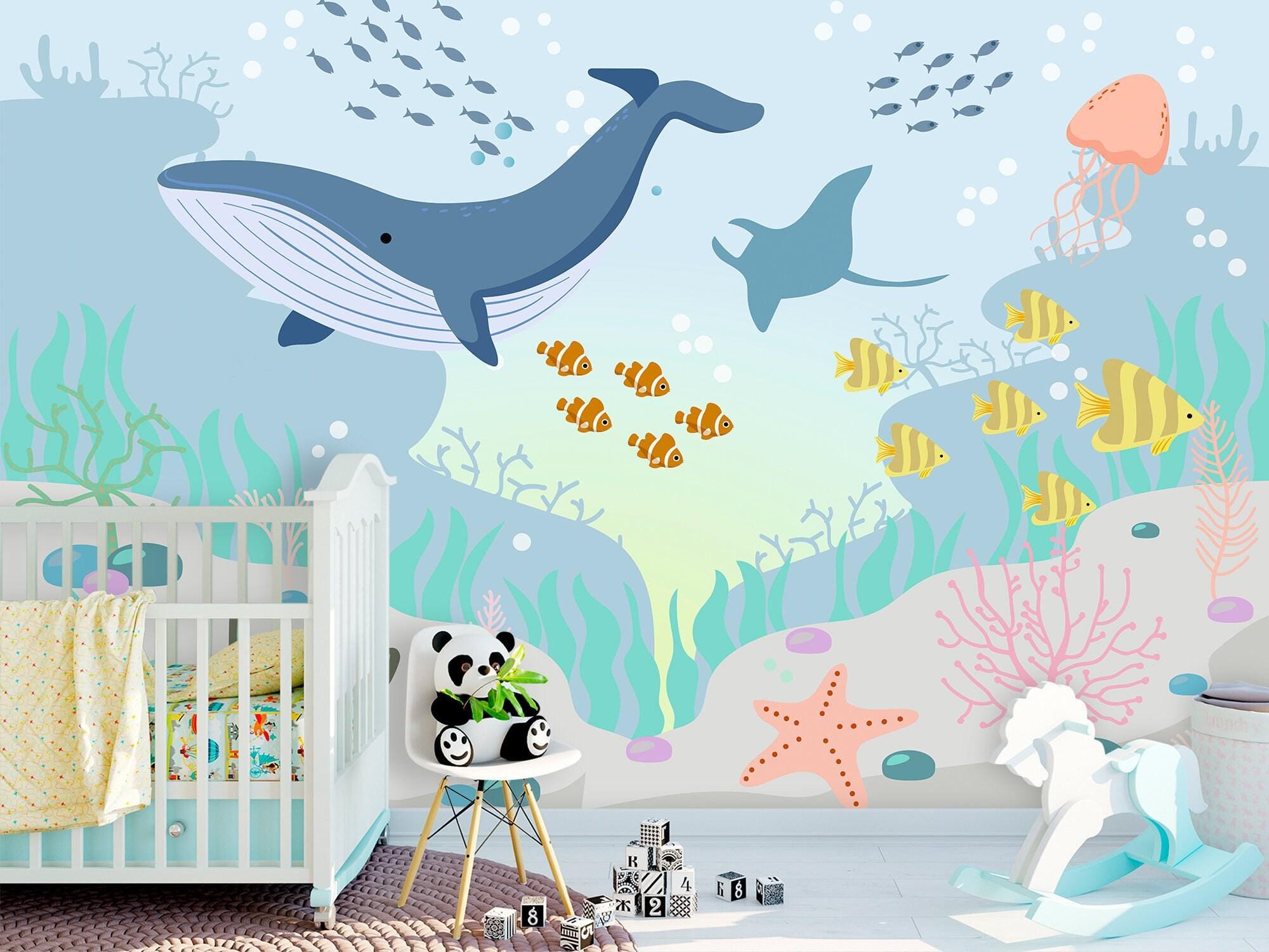 Ocean Wallpaper for Nursery Blue Adhesive, Sea Creatures Wallpaper ...