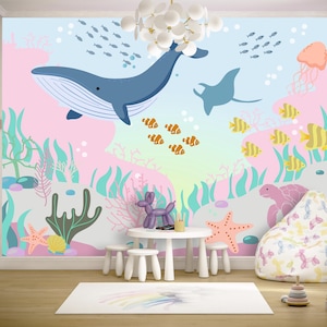 Under Sea Wall Mural, Whale and Fish Nursery Wallpaper, Ocean Kids Room Decor, Marine Life Playroom, Peel and Stick Removable