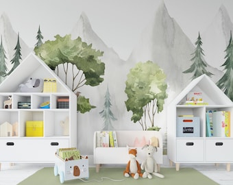 Forest Wallpaper for Kids Bedroom Watercolor  Removable Mountain Wallpaper Mural Adhesive Woodland Wallpaper Peel & Stick Playroom Game room