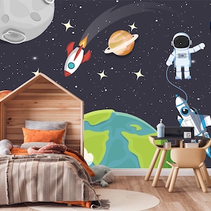 Outer Space Wallpaper with Astronaut and Rockets, Solar System Mural for Kids Room, Peel and Stick Planets Wall Decor for Nursery