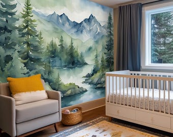 Watercolor enchanted magic forest removable wallpaper, mountains self adhesive woodland wall mural, living room and nursery covering paper