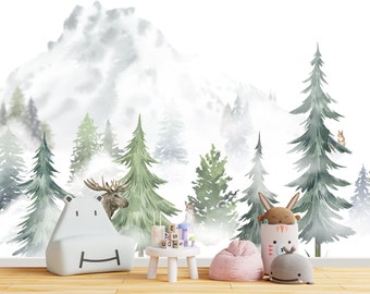 Woodland Animals Wall paper for Kids Nursery Removable, Mountain  Wallpaper Mural Adhesive, Watercolor Forest Wall Decor Peel & Stick Woven