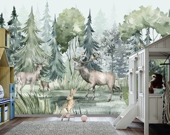 Woodland Animals Wallpaper Mural Bedroom, Forest Wallpaper Nursery Removable, Watercolor Deer Family Wall Decor Peel & Stick Adhesive Woven