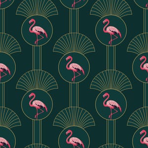 Green art deco flamingo wallpaper, tropical no woven peel and stick hand drawn self adhesive removable vintage wall covering paper