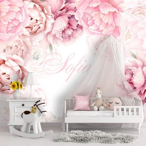 Peony Wallpaper with Name Girl Bedroom Watercolor Peony Flowers Wallpaper Peel and Stick Personalized Floral Wall Mural Nursery Toddler Room