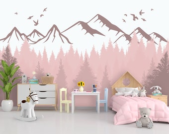 Pink Mountain Wallpaper Girl Room Decor, Pine Tree Wallpaper Removable Nursery, Landscape Mural Girl Bedroom, Adventure Wallpaper Playroom