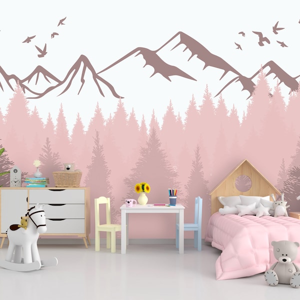 Pink Mountain Wallpaper Girl Room Decor, Pine Tree Wallpaper Removable Nursery, Landscape Mural Girl Bedroom, Adventure Wallpaper Playroom