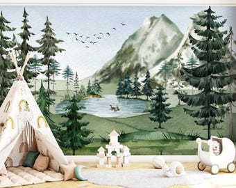 Woodland Nursery Wallpaper with Mountains, Forest Animal Wall Mural, Peel and Stick for Kids Room & Playroom, Adventure Theme Decor