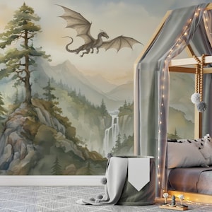 Dragon Nursery Wall Mural, Watercolor Fantasy Landscape Wallpaper, Kids Mountain Forest Wall Decal, Large Scale Peel and Stick Wall Decor image 1