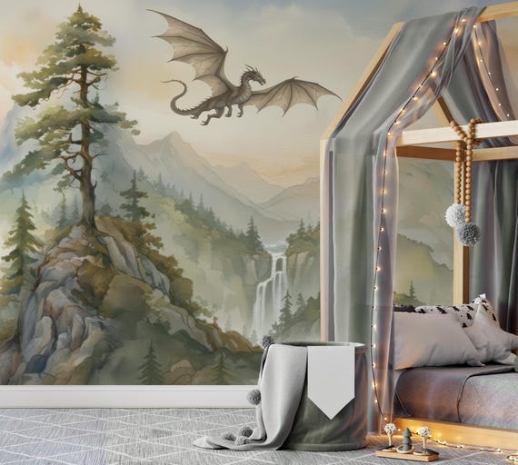 Dragon Nursery Wall Mural, Watercolor Fantasy Landscape Wallpaper, Kids Mountain Forest Wall Decal, Large Scale Peel and Stick Wall Decor