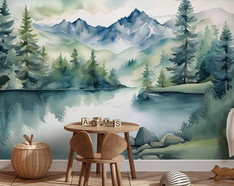 Watercolor Mountain Nursery Wall Mural | Woodland Forest Lake Wallpaper | Peel and Stick Nature Wall Decor | Adventure Kids Room Art