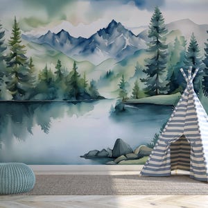 Watercolor Forest Mountain Lake Mural, Nursery Wall Decor, Self-Adhesive Removable Wallpaper, Nature Landscape Peel and Stick
