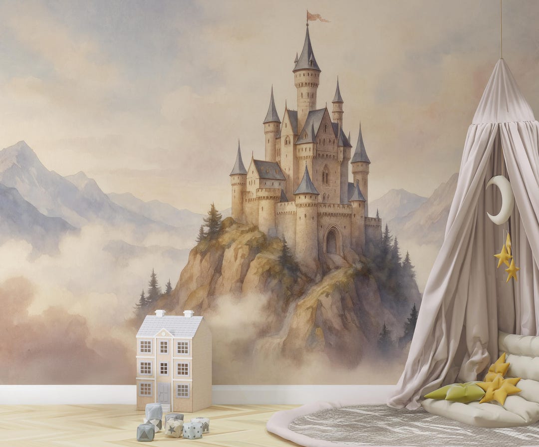 Watercolor Castle Wall Mural, Mountain Kingdom Wallpaper, Removable ...