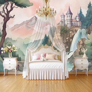 Magic Kingdom Princess Сastle Wallpaper Toddler Girl Nursery Removable, Forest Wall Paper Mural  Mountain Wallpaper Kids Room Eco-Friendly