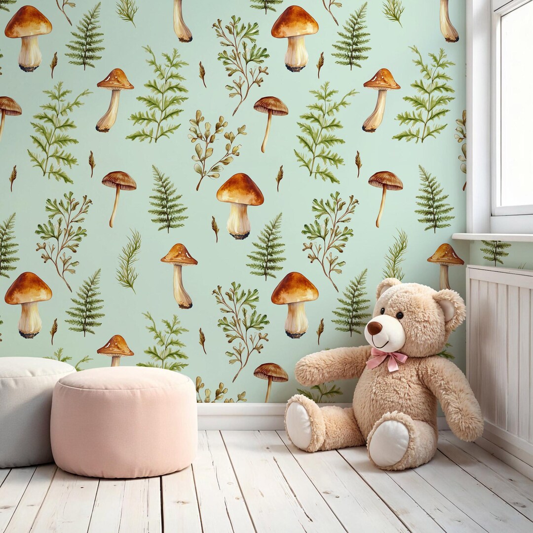 Watercolor Mushroom Wallpaper for Nursery and Kids Room, Woodland Peel ...