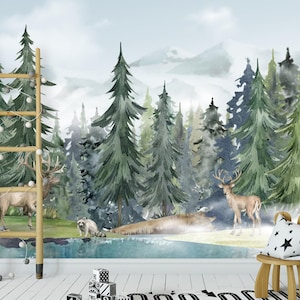 Watercolor Forest Wallpaper for Toddler Bedroom Removable, Deer Wall Mural Adhesive, Mountain Wallpaper Nursery Non-Woven, Peel & Stick