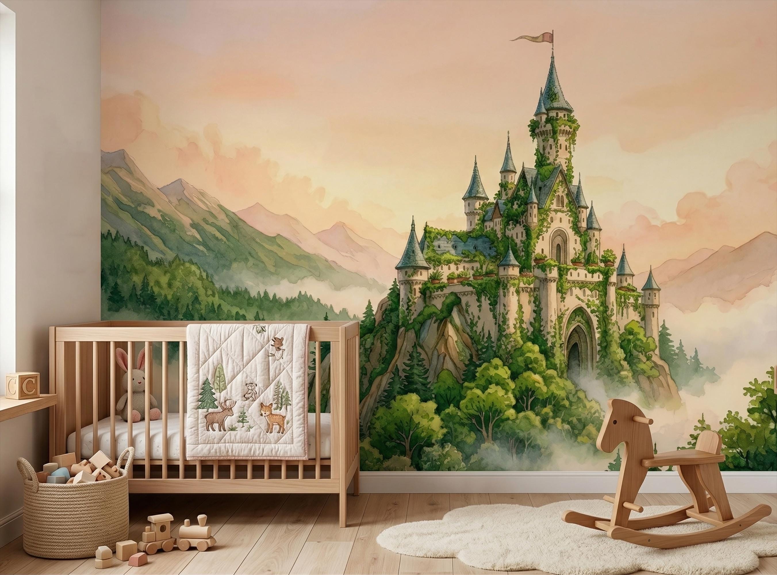 Watercolor Fairytale Castle Wall Mural, Magical Kingdom Wallpaper ...