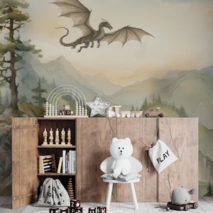 Dragon Nursery Wall Mural, Watercolor Fantasy Landscape Wallpaper, Kids Mountain Forest Wall Decal, Large Scale Peel and Stick Wall Decor image 3