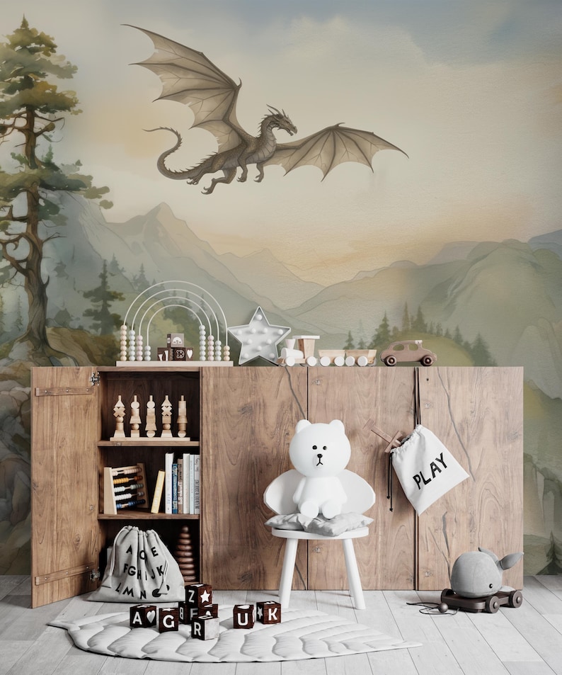 Dragon Nursery Wall Mural, Watercolor Fantasy Landscape Wallpaper, Kids Mountain Forest Wall Decal, Large Scale Peel and Stick Wall Decor image 3