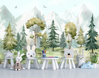 Mountain Wallpaper Peel and Stick Toddler Nursery Removable, Forest Landscape Wallpaper Mural Playroom Woodland Bedroom Wall Decor Adhesive