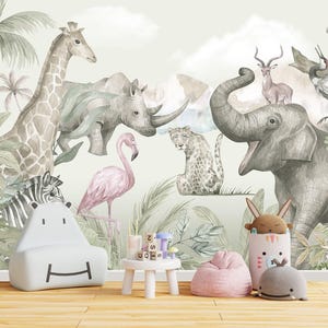 Jungle Animals Wallpaper Kids Nursery Removable, African Wallpaper Adhesive, Safari Wall Mural Peel & Stick, Elephant Giraffe Wall Decor