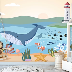Sale Marine Life Wallpaper for Toddler Boy Nursery, Underwater Life Wall Mural Removable, Nautical Wallpaper Peel and Stick. Self-Adhesive