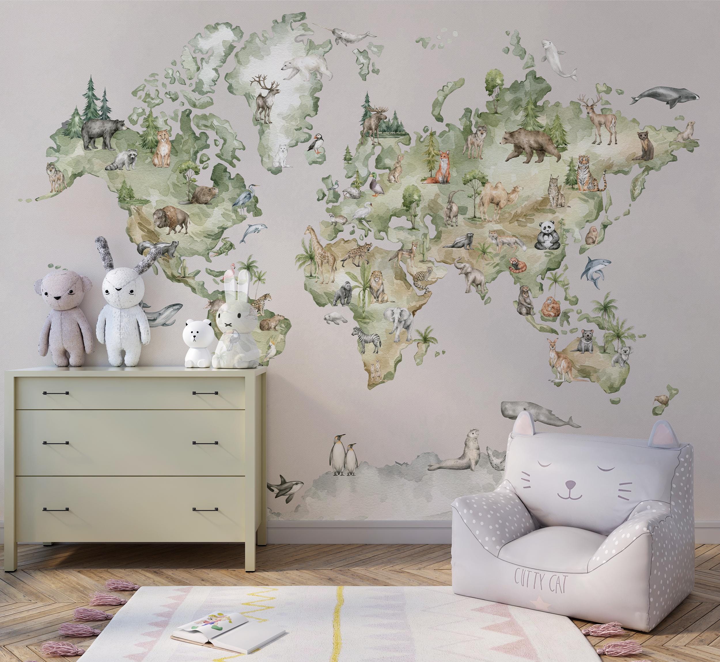 Kids World Map Wall Mural – Watercolor Animal Map Wallpaper, Nursery ...
