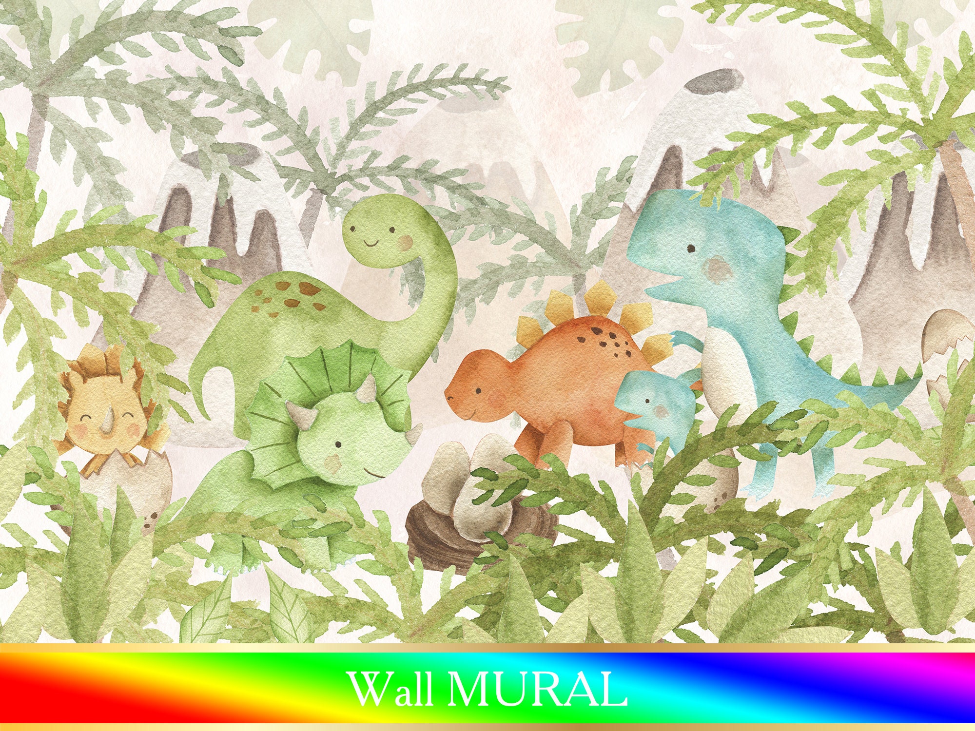 Watercolor Cute Dino Wallpaper for Baby Bedroom Removable / Tropical