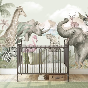 Safari Animals Wall Mural, Jungle Nursery Wallpaper, Watercolor Giraffe Elephant Rhino, Tropical Kids Room Decor, Peel and Stick Removable