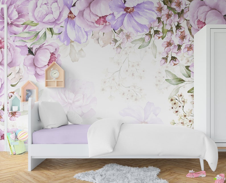 Floral Wallpaper with Name Girl Bedroom Watercolor Peony Flowers Wallpaper Peel and Stick Personalized Wallpaper Peonies Nursery Adhesive image 2