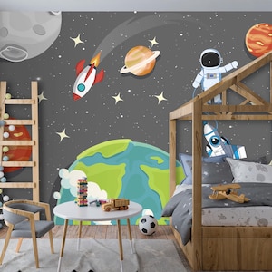 Outer Space Wallpaper with Astronaut and Rockets, Solar System Mural for Kids Room, Peel and Stick Planets Wall Decor for Nursery