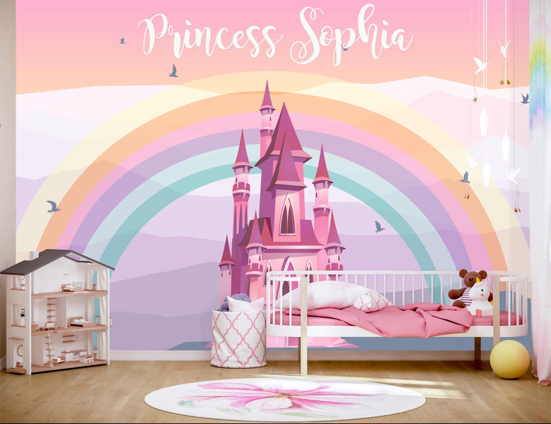 Personalized Princess Castle Wallpaper, Custom Name Wall Mural Rainbow ...